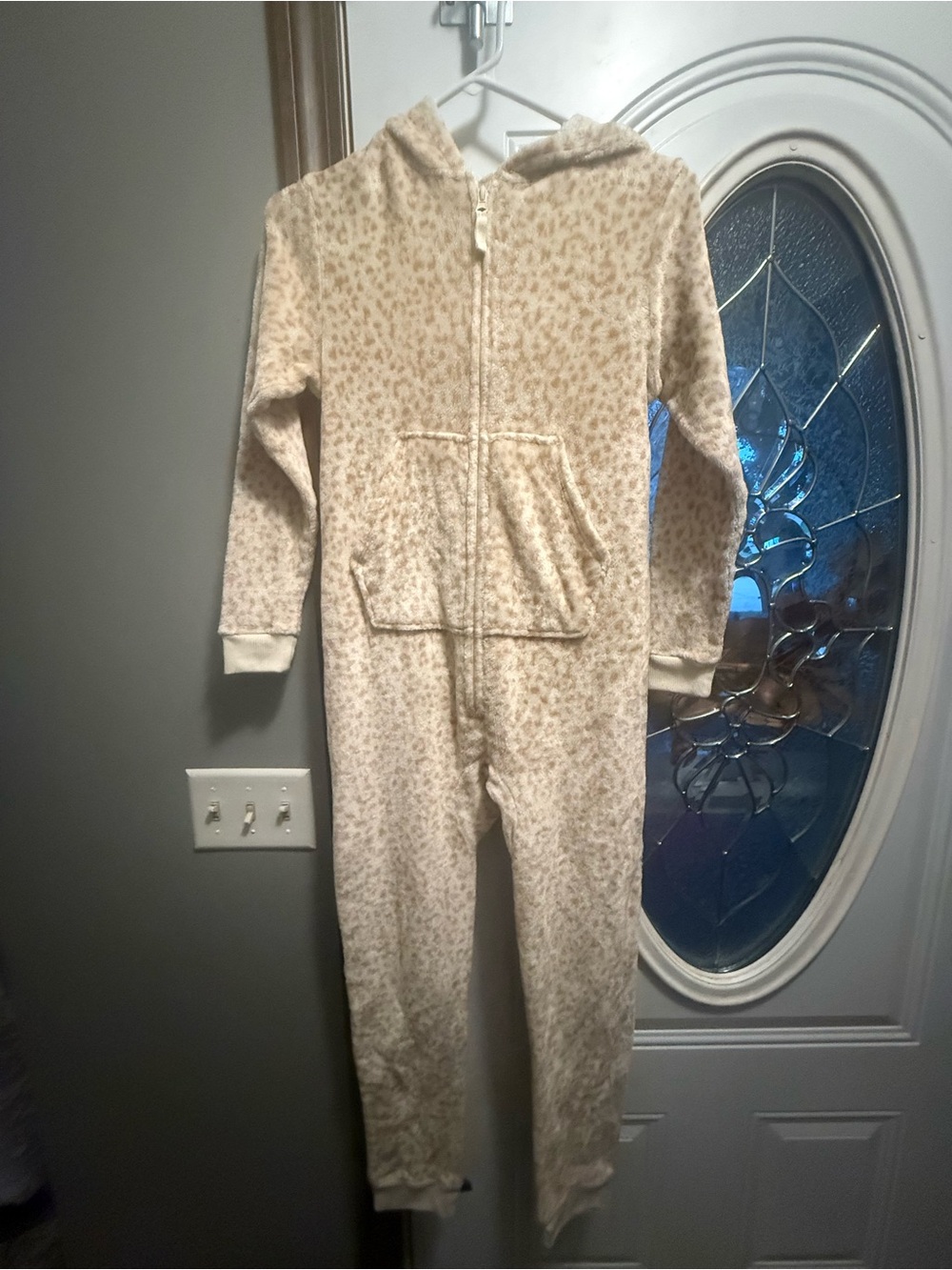 Kids XL Leopard Print Fleece Hooded Onesie